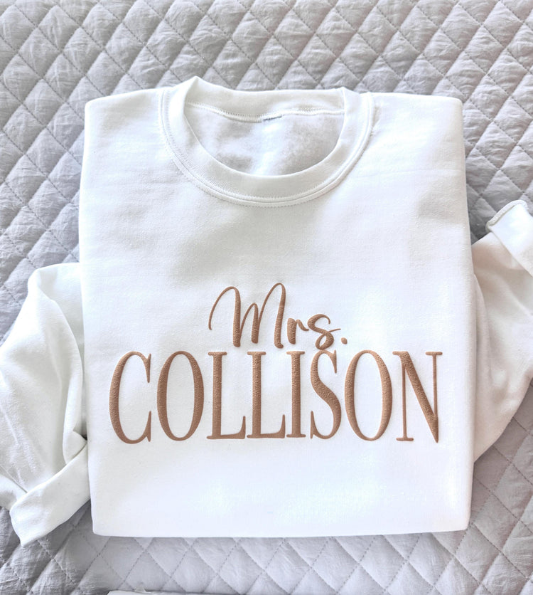 Mrs. Sweatshirt | Newly Married Custom Personalized Mrs. Sweatshirt | Bridal Shower Gift | Gift for the Bride | Unisex Crewneck Sweatshirt